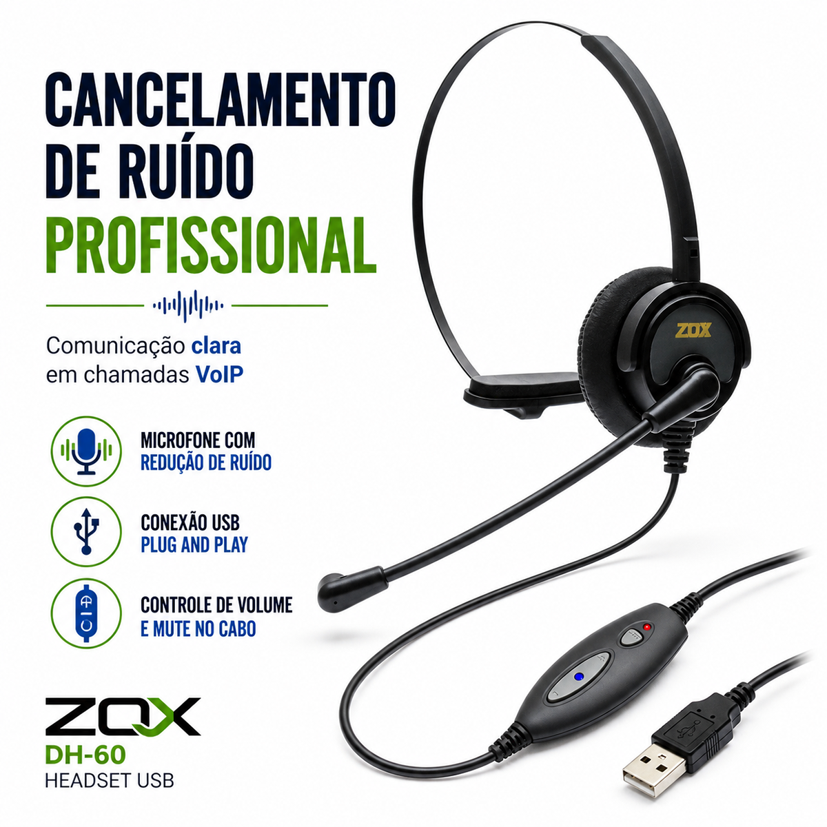 Headset Zox DH-60 USB com Cancelador de Ruído